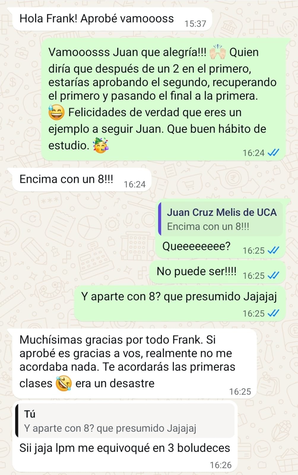 Alumno agradece después de aprobar